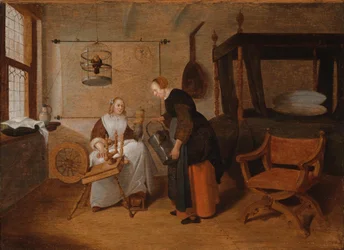 Interior with a Young Woman at the Spinning Wheel and a Maid